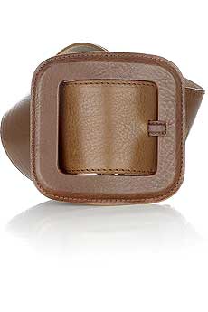 Nutmeg leather belt with an oversized square buckle fastening.