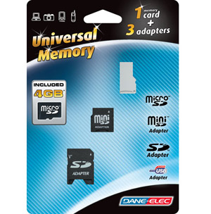 Micro Secure Digital High Capacity (microSDHC) Memory Card - 4GB - With 3 adapters - Dane-Elec