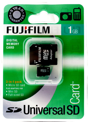 micro Secure Digital (Micro SD) Memory Card - 1GB - Fujifilm - 3 in 1 Adapter Pack - Ref. Universal SD