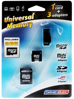 Micro Secure Digital (microSD) Memory Card - 2GB - With 3 adapters - Dane-Elec