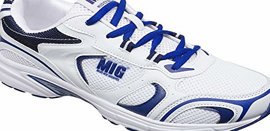 MIG Mens Sports Trainers Size 3 to 12 UK - ATHLETIC RUNNING WORK SHOES GYM CASUAL (10 UK, White amp; Navy)