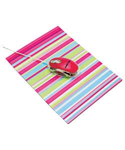 Pink Stripey Optical Mouse and Mouse Mat Set