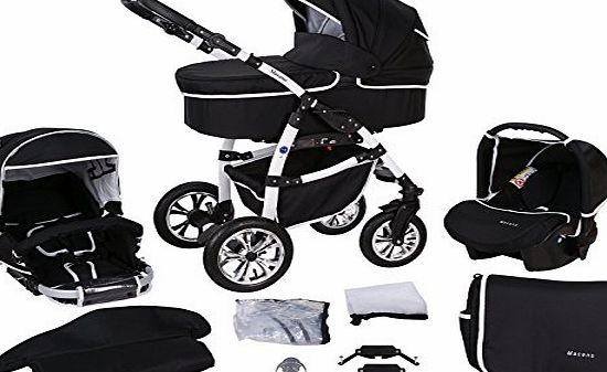 Milk Rock Baby Macano 3 in 1 Combi Pushchair Travel System with White frame with car seat (rain cover, mosquito net, car seat adapter, swivel wheels, 8 colors, 3 frame colors) 023 Black amp; White se