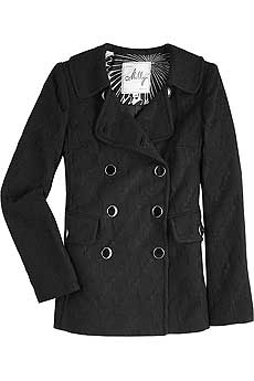 Black wool blend double-breasted peacoat with black and gold-tone buttons.