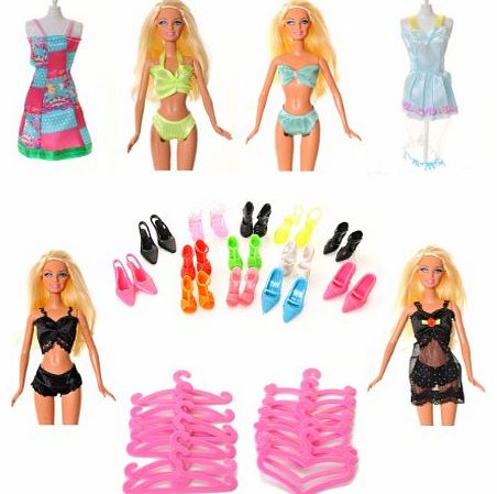21 Piece Barbie Doll Set (1) Dresses, Bikinis, Nightwear, Shoes & Hangers By Millys Shop