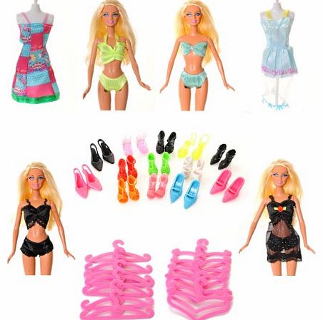 21 Piece Barbie Doll Set (1) Dresses, Bikinis, Nightwear, Shoes & Hangers By Millys Shop