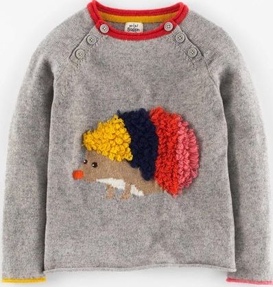 Mini Boden Fun Jumper Light Grey Marl Hedgehog Mini Boden,