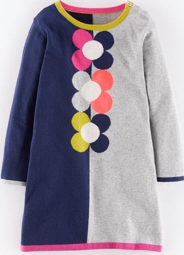 Mini Boden Fun Knitted Dress Navy/Grey Marl Flower Mini
