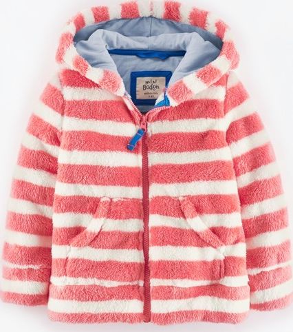 Mini Boden Hooded Teddy Zip Through Washed Red/Ecru Stripe