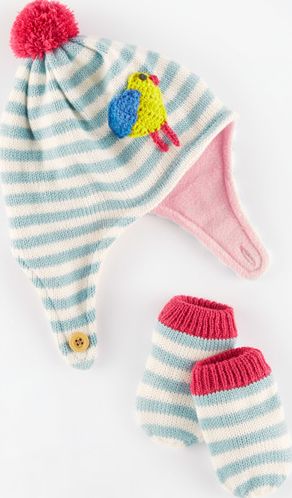 Mini Boden, 1669[^]34958298 Knitted Hat and Mittens Set Powder Blue/Bird