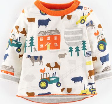 Mini Boden, 1669[^]34987321 Reversible Printed T-shirt Ecru Farm/Grey Stripe