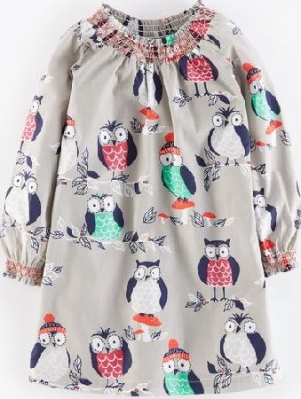 Mini Boden Smocked Printed Dress Light Grey Owls Mini