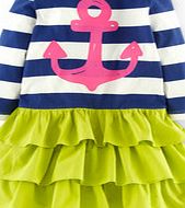 Mini Boden Stripy Ruffle Logo Dress, Soft Navy Anchor