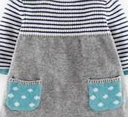 Mini Boden Sweet Knitted Dress, Grey Marl/Soft Navy Stripe