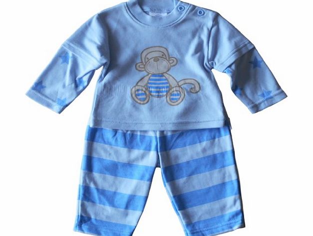 Mini Chic NEWBORN Baby Boys Cute Clothes - NB months - Adorable Blue MONKEY Long-sleeved Stars Top and Striped Bottoms Outfit Set