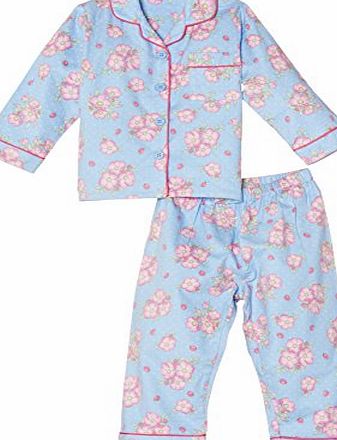 Mini ZZZ minizzz Girls Ladybug Full Flannel Floral Pyjama Set, Blue, 3 Years
