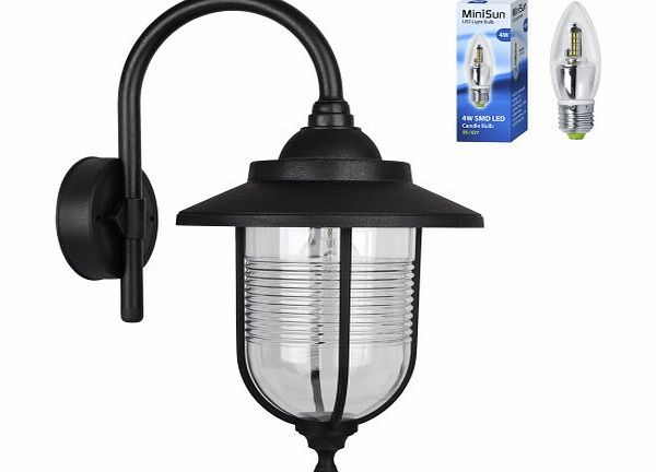 MiniSun Modern Outdoor Black Fishermans Style Swan Neck Wall Light Lantern - IP44 Rated - Supplied With 1 x ES 4w SMD LED Candle Bulb