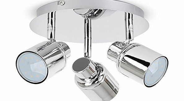 MiniSun Modern Polished Chrome 3 Way Round Plate LED Bathroom Ceiling Spotlight - IP44 Rated - Supplied With 3 x 5W Warm White High Power GU10 Bulbs