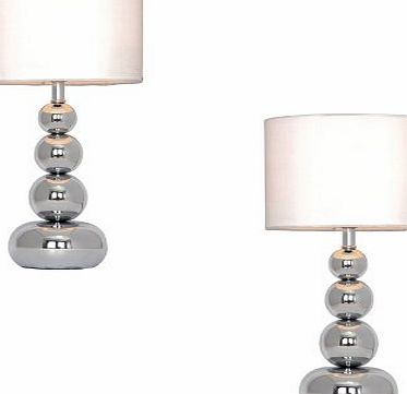 MiniSun Pair of - Chrome Stacked Balls Touch Table Lamps With White Faux Silk Shades