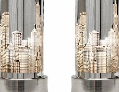 MiniSun Pair of - Chrome Touch Bedside Table Lamps with New York Skyline Shades