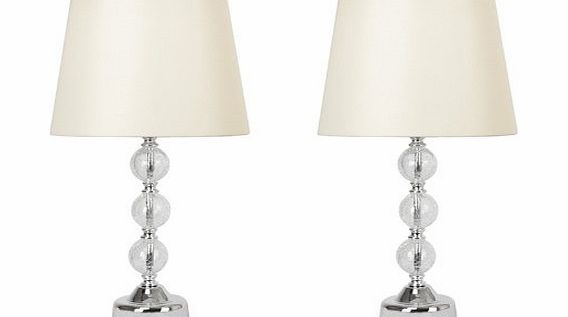 Pair of - Large Modern Chrome amp; Crackle Glass Ball Touch Table Lamps with Cream Faux Silk Lampshades
