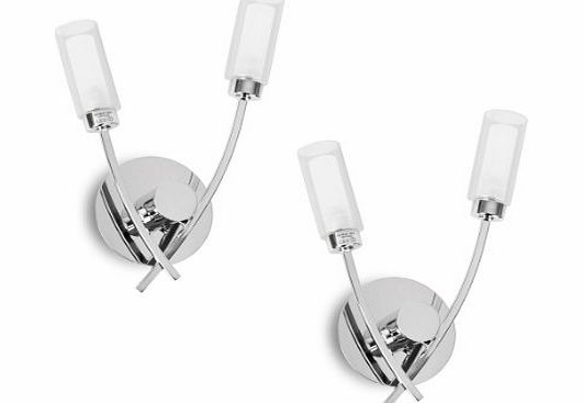 Pair of - Modern 2 Way Silver Chrome Wall Lights with Glass Shades - Supplied With 4 x 40w G9 Halogen Bulbs