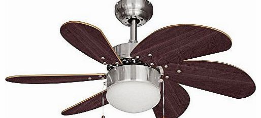 Silver Chrome & Wood 30`` Modern 6 Blade Ceiling Fan with Flush Light
