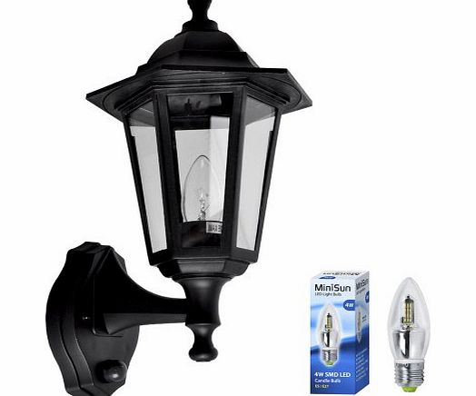 MiniSun Traditional Style Black Outdoor Security PIR Motion Sensor IP44 Rated SMD LED Wall Light Lantern