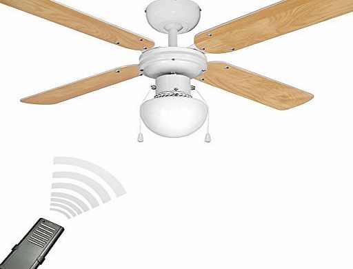 White 42`` Modern Ceiling Fan with Light & Beech/White Reversible Blades - Complete with Remote Control