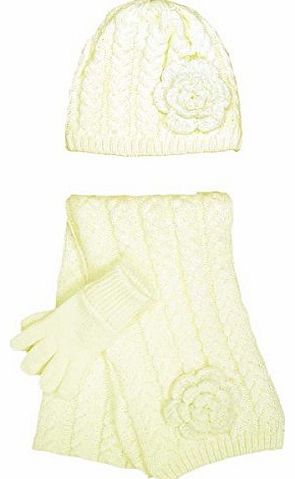 Girls Cable Knitted Hat, Scarf, Gloves (S/M - 3-8 Years, Cream)