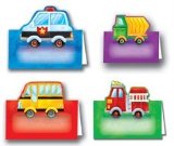 PARTY WHEELS PARTY PLACE CARDS X 8 - FIRE ENGINE, FARM TRACTOR, POLICE CAR, SCHOOL BUS PARTY FUN