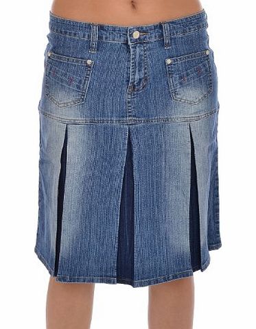 Womens Long Denim Pleated Flared A Line Skirt - Blue - 12