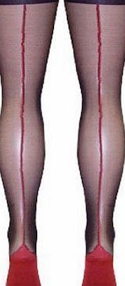 Missi Black with Red Seams Stiletto Heel Seamed Stockings- One Size