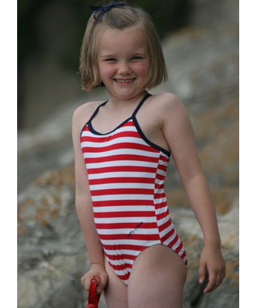 Mitty James Red and white stripe spaghetti strap swimsuit