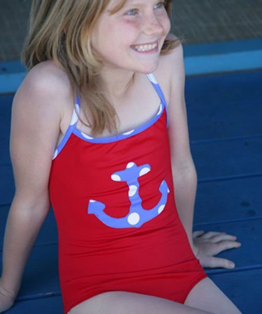 Red One Piece Swimsuit with Anchor Applique