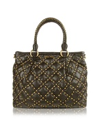 Miu Miu Dark Brown Studded Quilted Leather Tote Bag