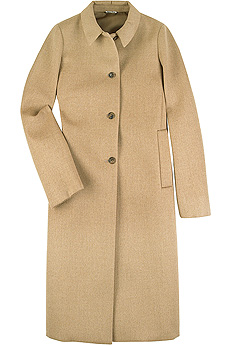 Camel single-breasted wool blend coat with a shirt style collar.
