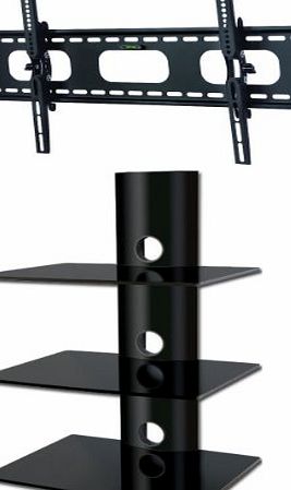 Mk-trading PACKAGE DEAL! Three GLASS SHELVES Wall Mount for Audio Video Components-all BLACK   Universal TILT Bracket for ALL TV Brands 37 40 42 46 47 50 52 54 55 58 60 inch Flat Panel-HD Ready Screen