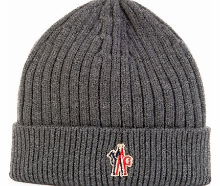 MONCLER Grey Knitted Grenoble Logo Beanie