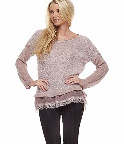 MONTON  Dark Lilac Fluffy Sequin Neck amp; Lace Edge Jumper One Size Lilac