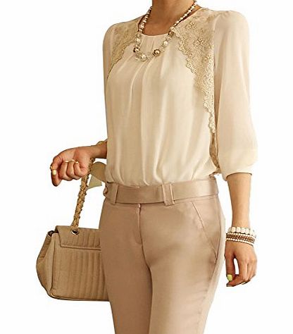 Moonar 2014 women office lady Fashion Elegant white Lace Embroidered long sleeve Natural Waist Line chiffon blouse Tops shirt--White (XL)