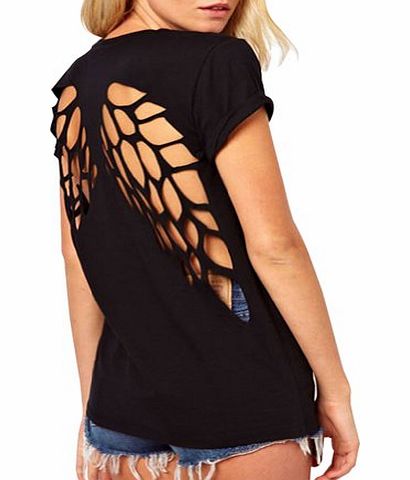 Womens New Fashion T-Shirt Hollow Out Backless Lazer Cut Angel Wings Short Sleeve Casual Tops Cotton + Polyester Natural Waistline Round Neck Summer Spring Autumn Crew Neck Blouse Tops Solid L