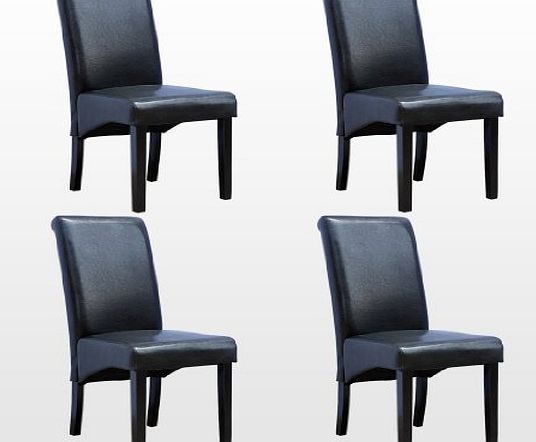 More4Homes 4 x CAMBRIDGE LEATHER BLACK DINING CHAIR w DARK WOOD LEGS ROLL TOP HIGH BACK