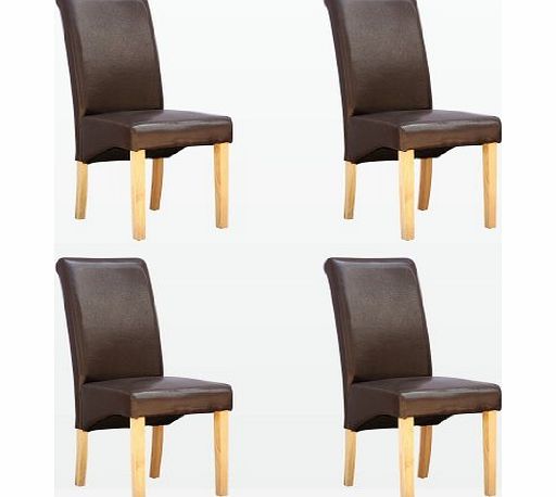 More4Homes 4 x CAMBRIDGE LEATHER BROWN DINING CHAIR w OAK FINISH WOOD LEGS ROLL TOP HIGH BACK