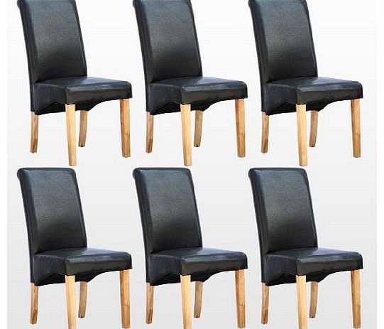 More4Homes 6 x CAMBRIDGE LEATHER BLACK DINING CHAIR w OAK FINISH WOOD LEGS ROLL TOP HIGH BACK