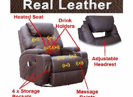 More4Homes CINEMO 9 in 1 LEATHER RECLINER CHAIR ROCKING ADJUSTABLE HEADREST MASSAGE SWIVEL HEATED GAMING NURSING CINEMA (Brown)