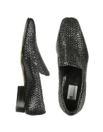 Black Woven Leather Loafer Shoes