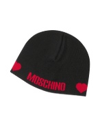 Moschino Black and Red Hearts Signature Knit Skull Cap