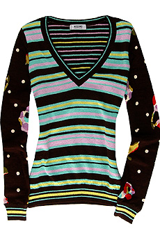Moschino Cheap & Chic Striped v-neck sweater with floral sleeves