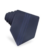 Moschino Navy Blue Center Stripes Signature Woven Silk Tie